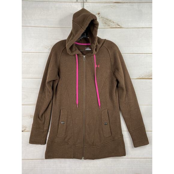 Under Armour Sweater Women M Brown Hooded Full Zip Fleece Knit Pockets Cold Gear - Picture 1 of 10